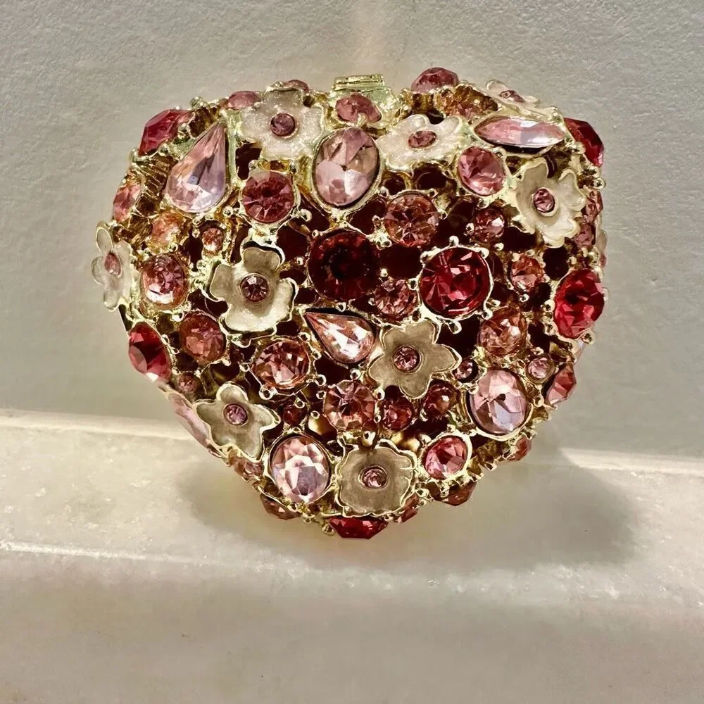 Vintage Hallowed Heart Rhinestone and Flower Heart Shaped Jewelry Box